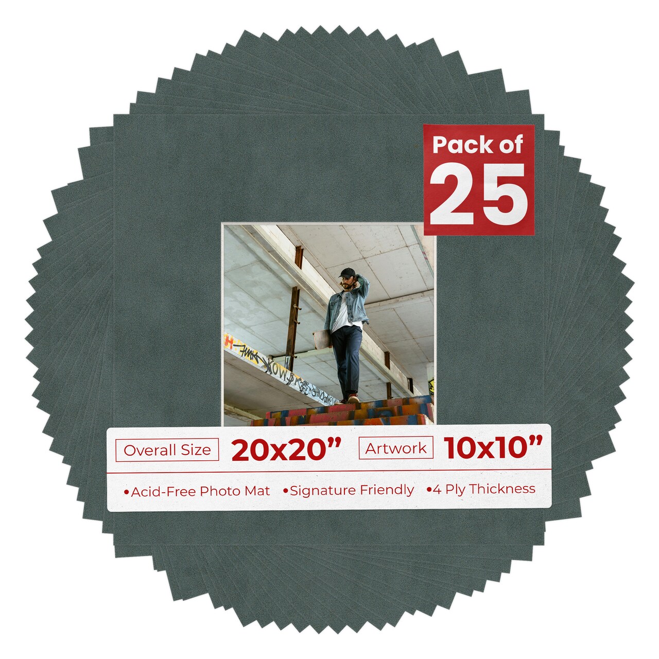 Dark Grey Suede Mat Board for 20x20 Frames - Fits 10x10 Photos